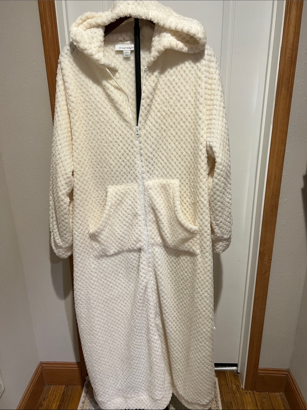 Cozy Hooded Plush Long Zip Robe - Cream